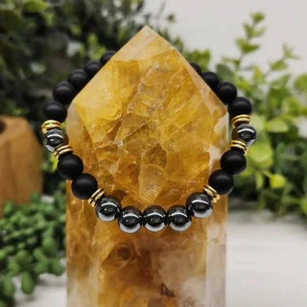 (Grounding/Balance) Obsidian Black Matte and Hematite 8mm Stretch Bracelet On Citrine Point