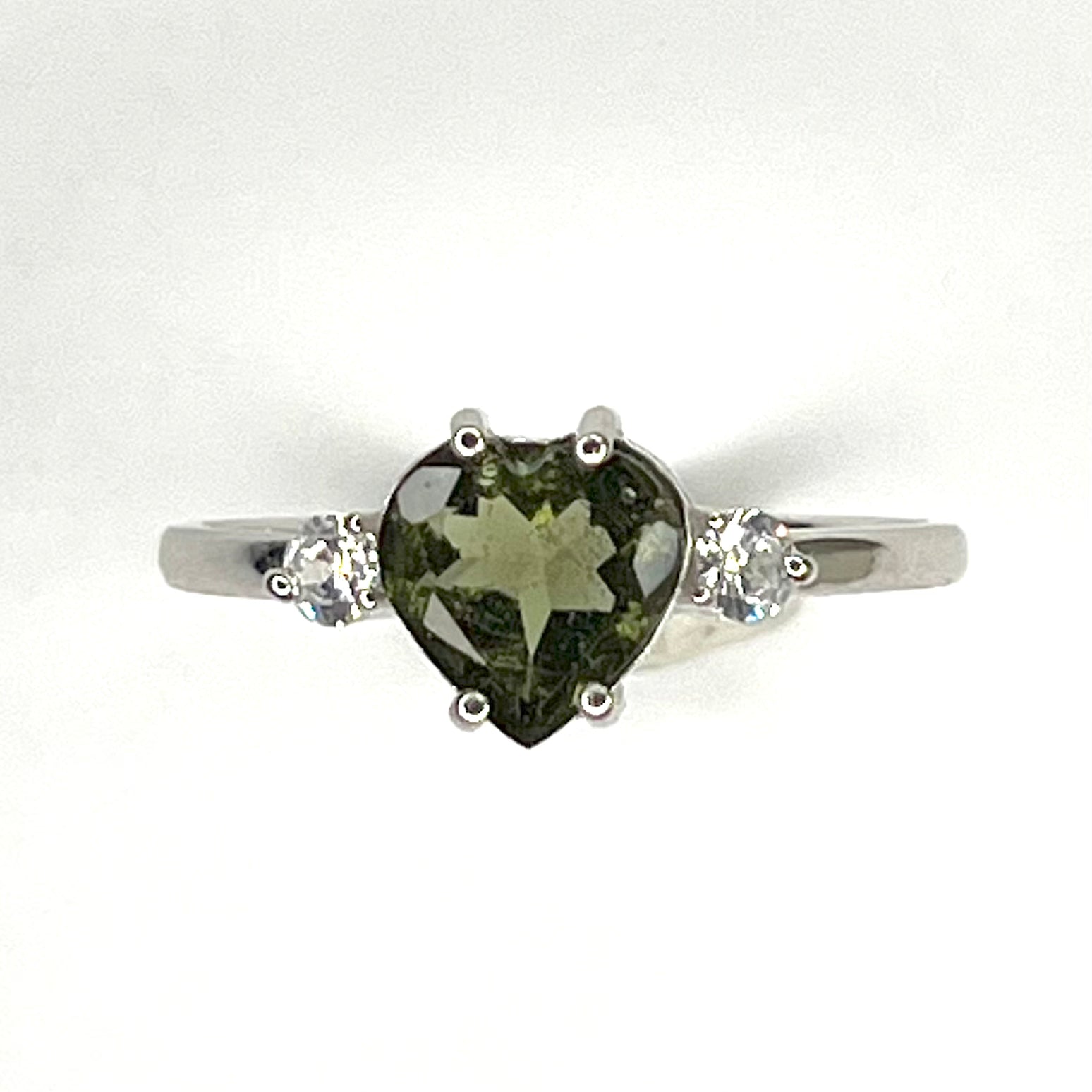 Moldavite Faceted Heart w/ White Topaz Ring, Sterling Silver