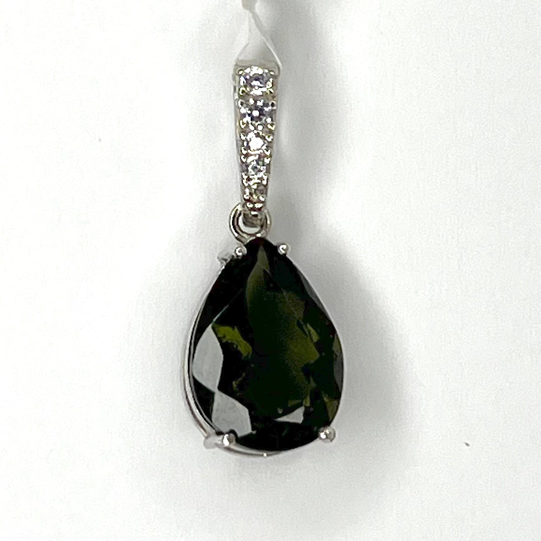 Moldavite Faceted Teardrop Pendant with Herkimer Diamond Bail