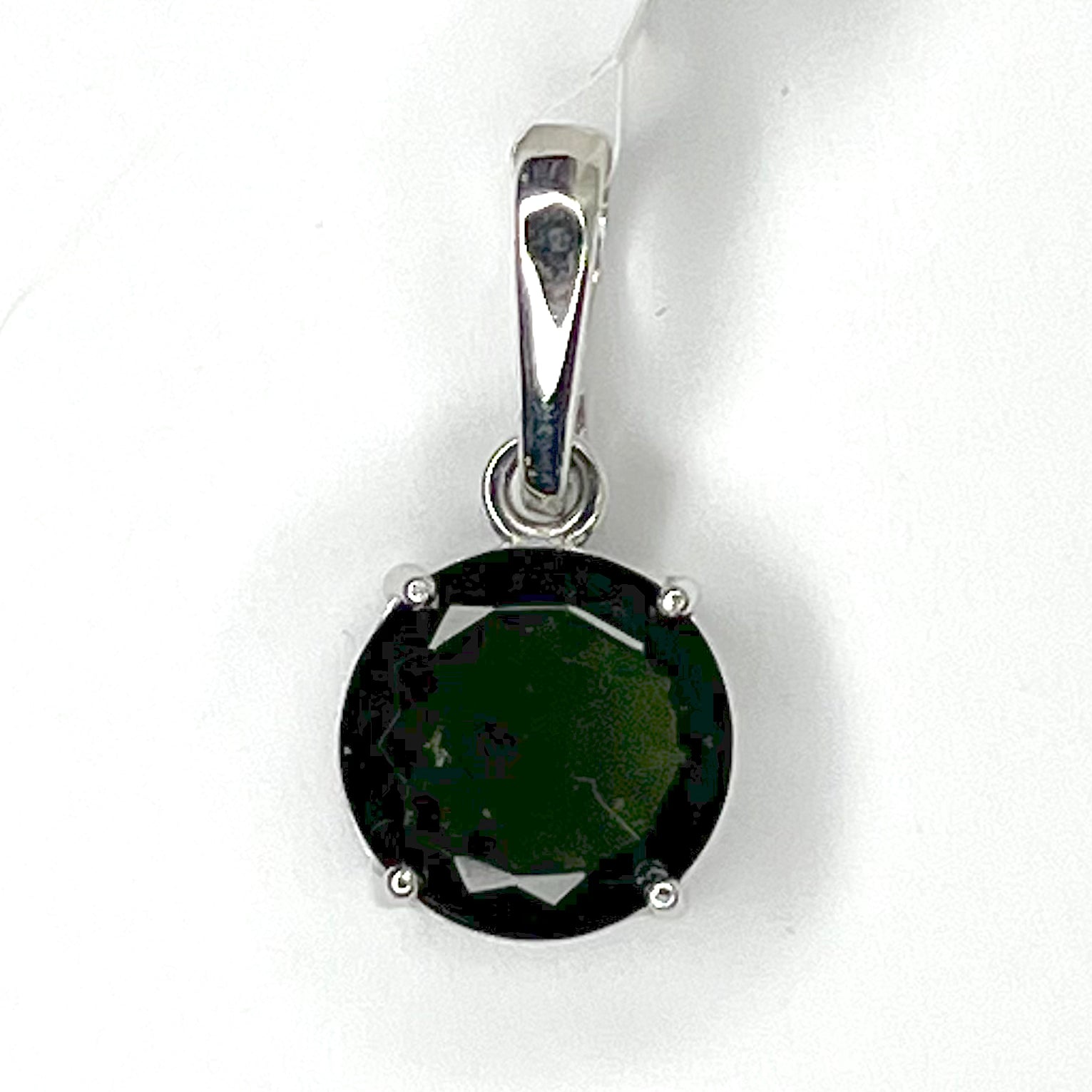 Moldavite Faceted Round Pendant Sterling Silver