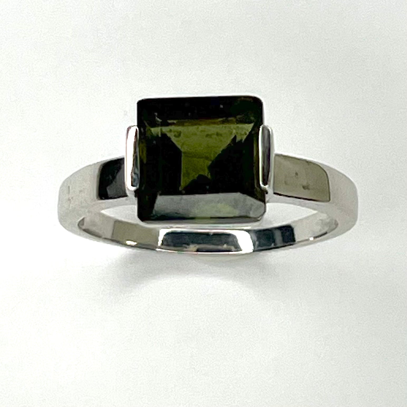 Moldavite Faceted Square Ring Sterling Silver
