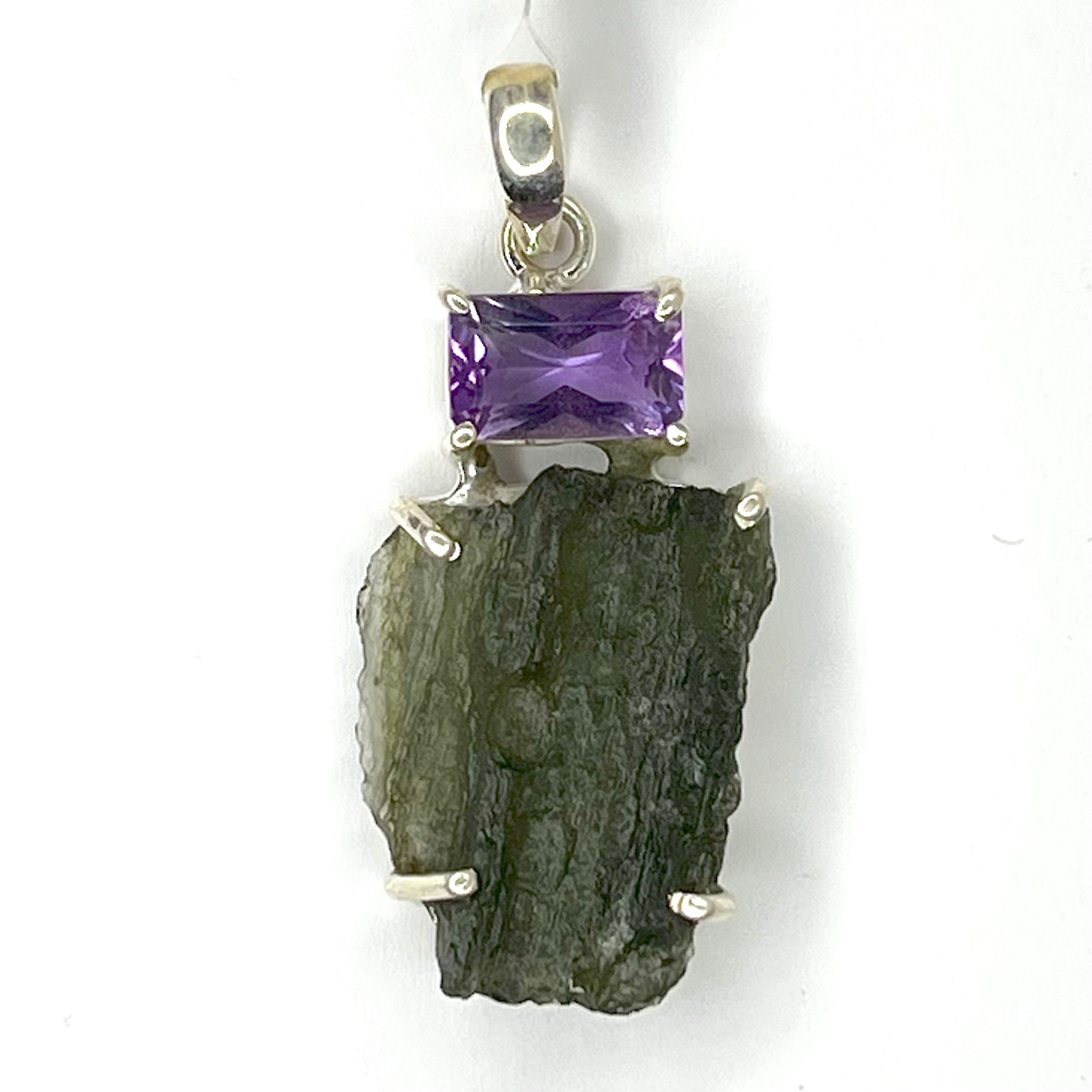 Moldavite Rough with Faceted Rectangle Amethyst Pendant Sterling Silver