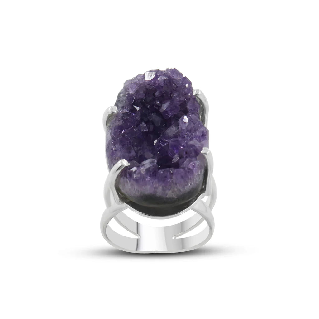 Amethyst Ring Druzy Sterling Silver Twin Band Prong