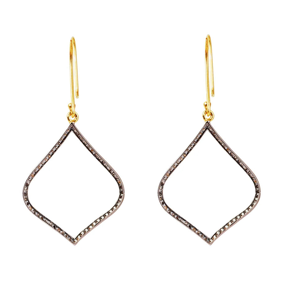 A pair of gold and silver-tone open diamond drop earrings with pavé-set stones, shown on a plain white background.