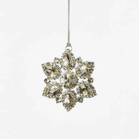 Decorative sparkling snowflake ornament with crystals on a white background