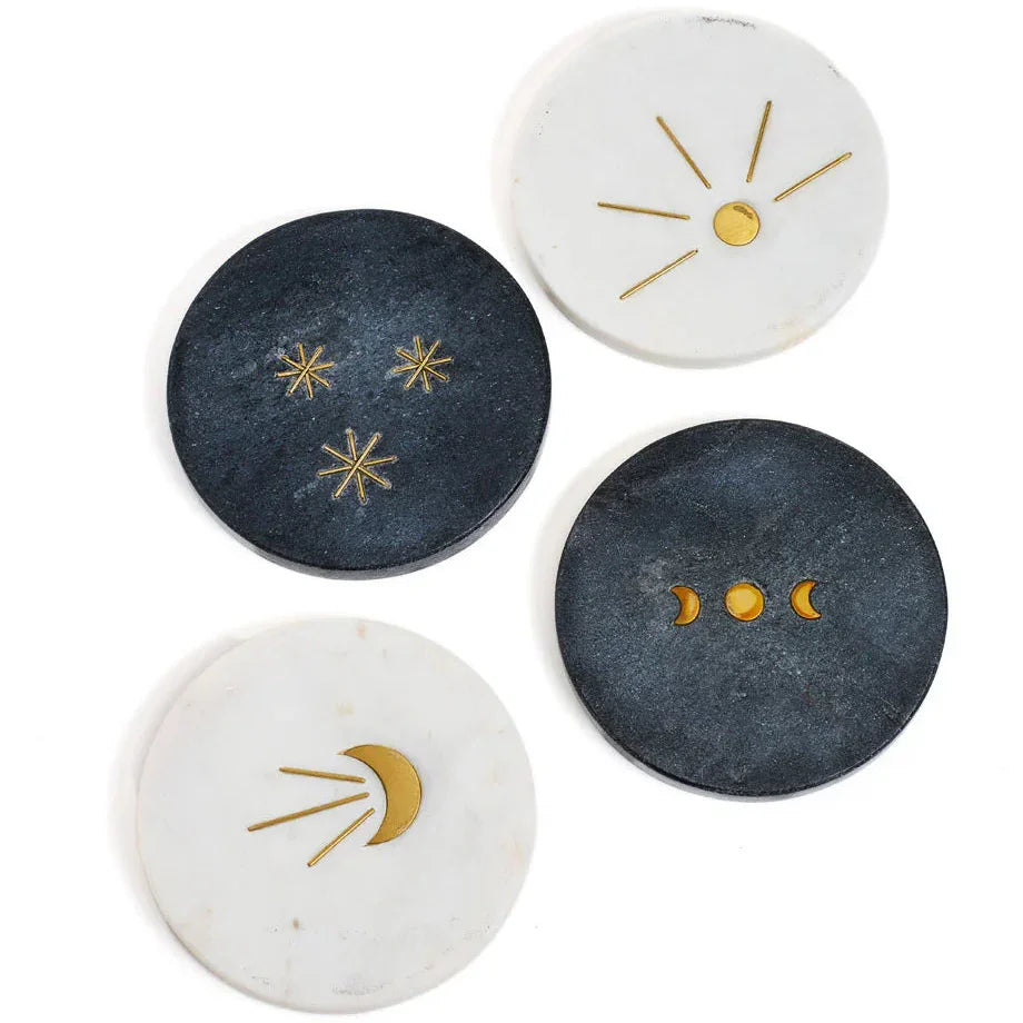 Moon and Stars Black and White Marble Coasters with Gold Etching