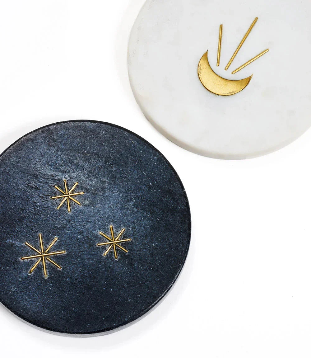 Moon and Stars Black and White Marble Coasters with Gold Etching Up Close View