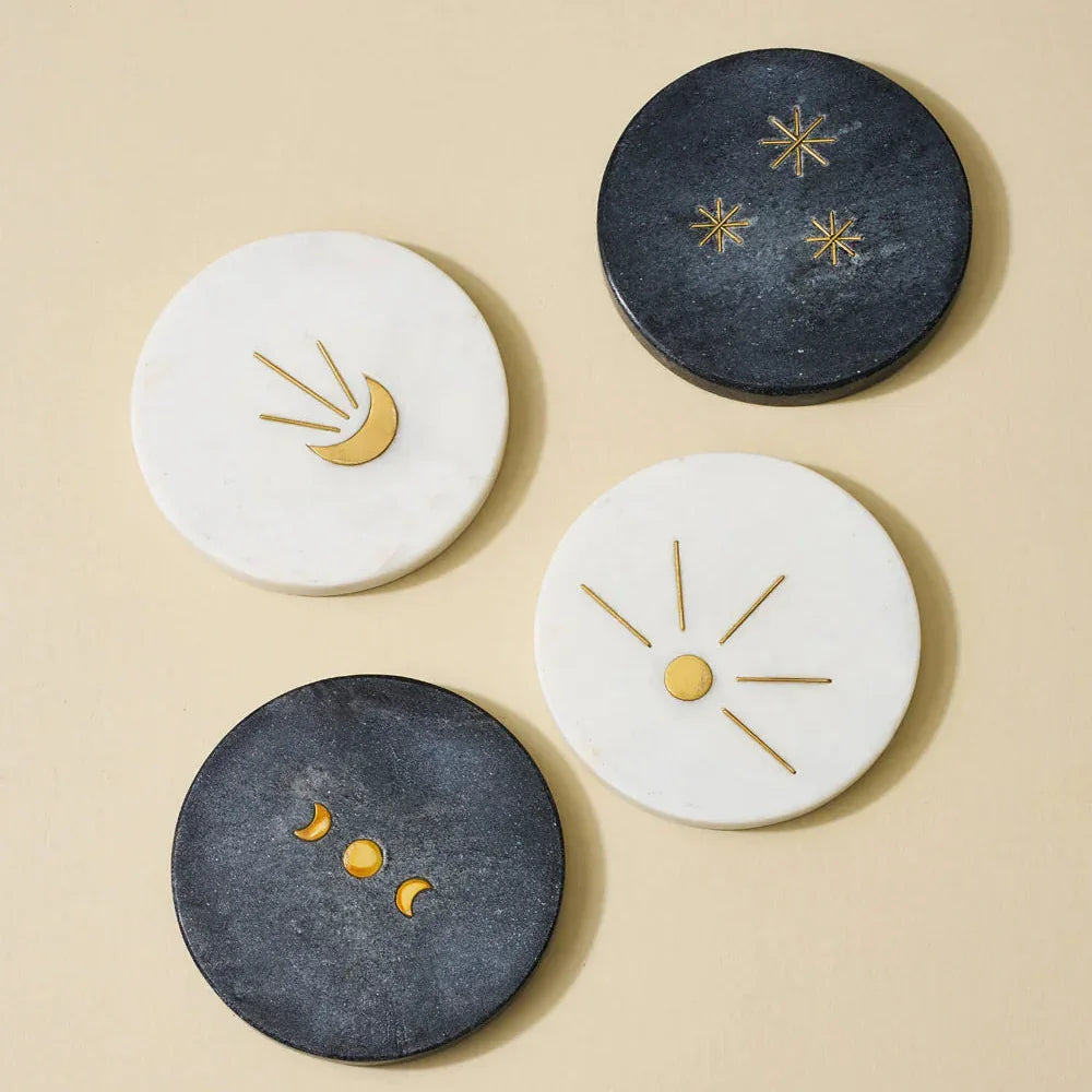 Moon and Stars Black and White Marble Coasters with Gold Etching