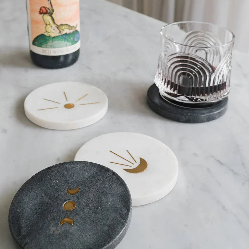 Moon and Stars Black and White Marble Coasters with Gold Etching
