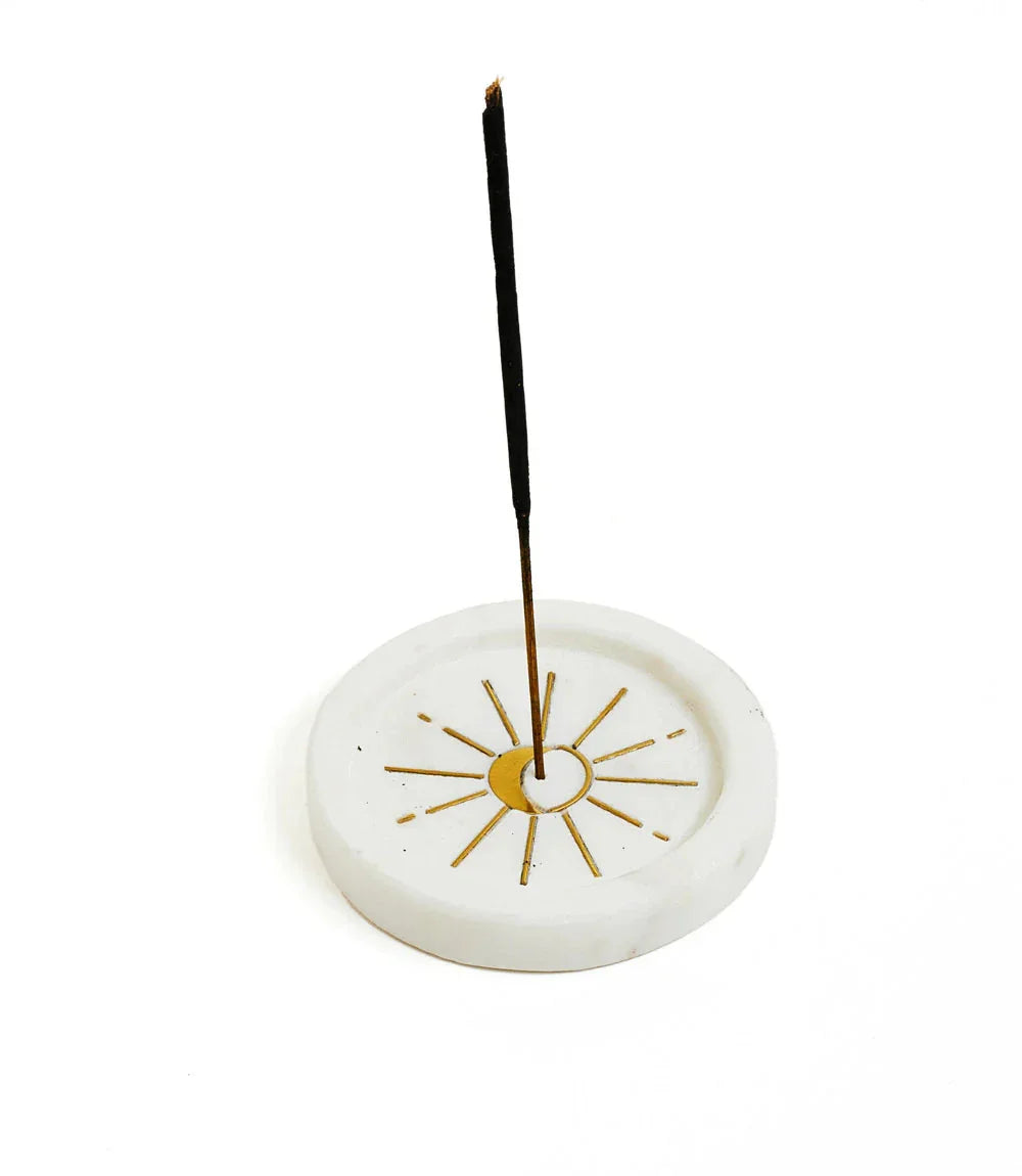 Moon Burst White Marble with gold Etching Incense Holder Holding Incense Stick