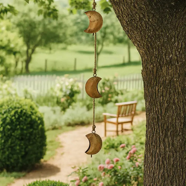Moon Trio Rustic Bell Wind Chime Outside On Tree