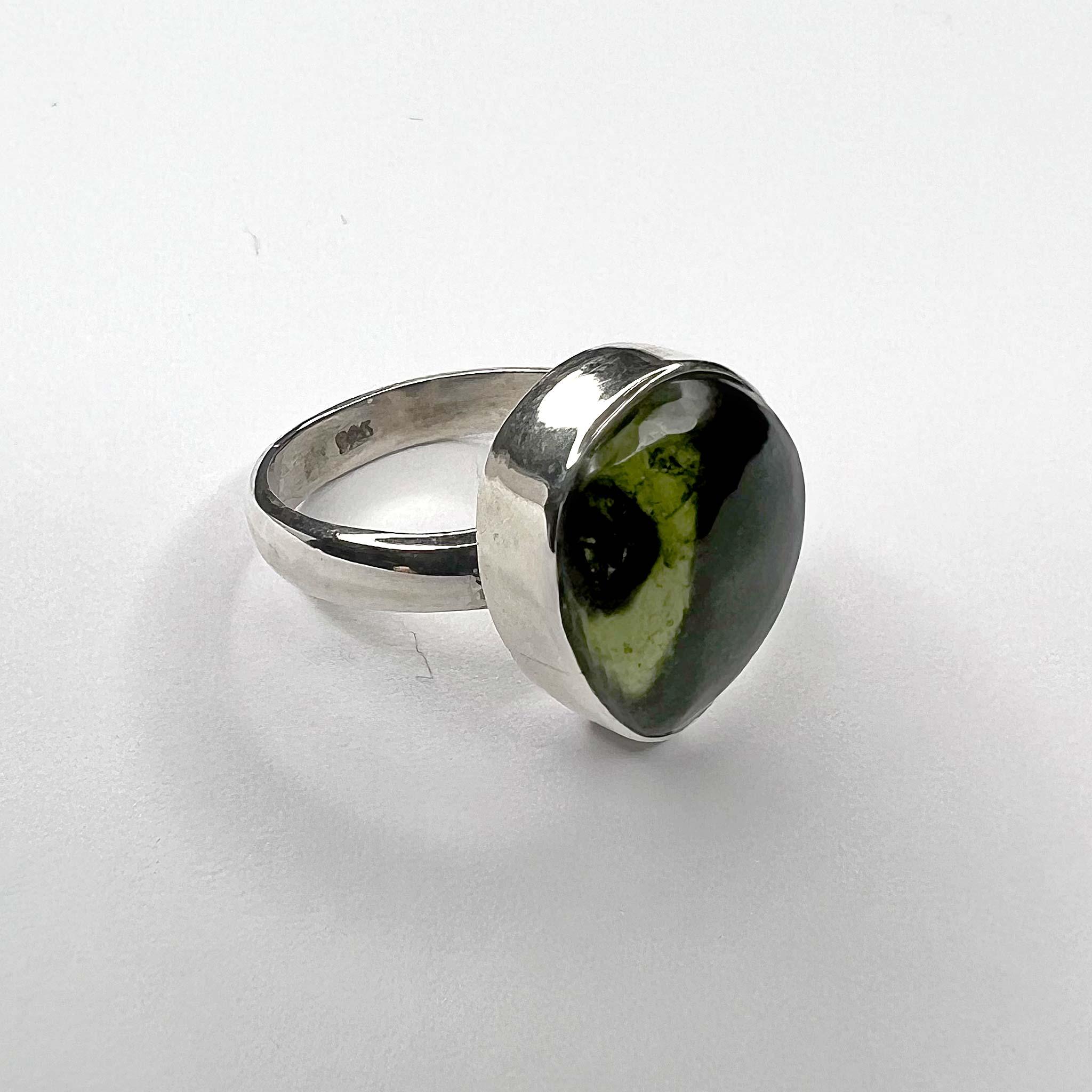 Moldavite Smooth Cabochon Ring