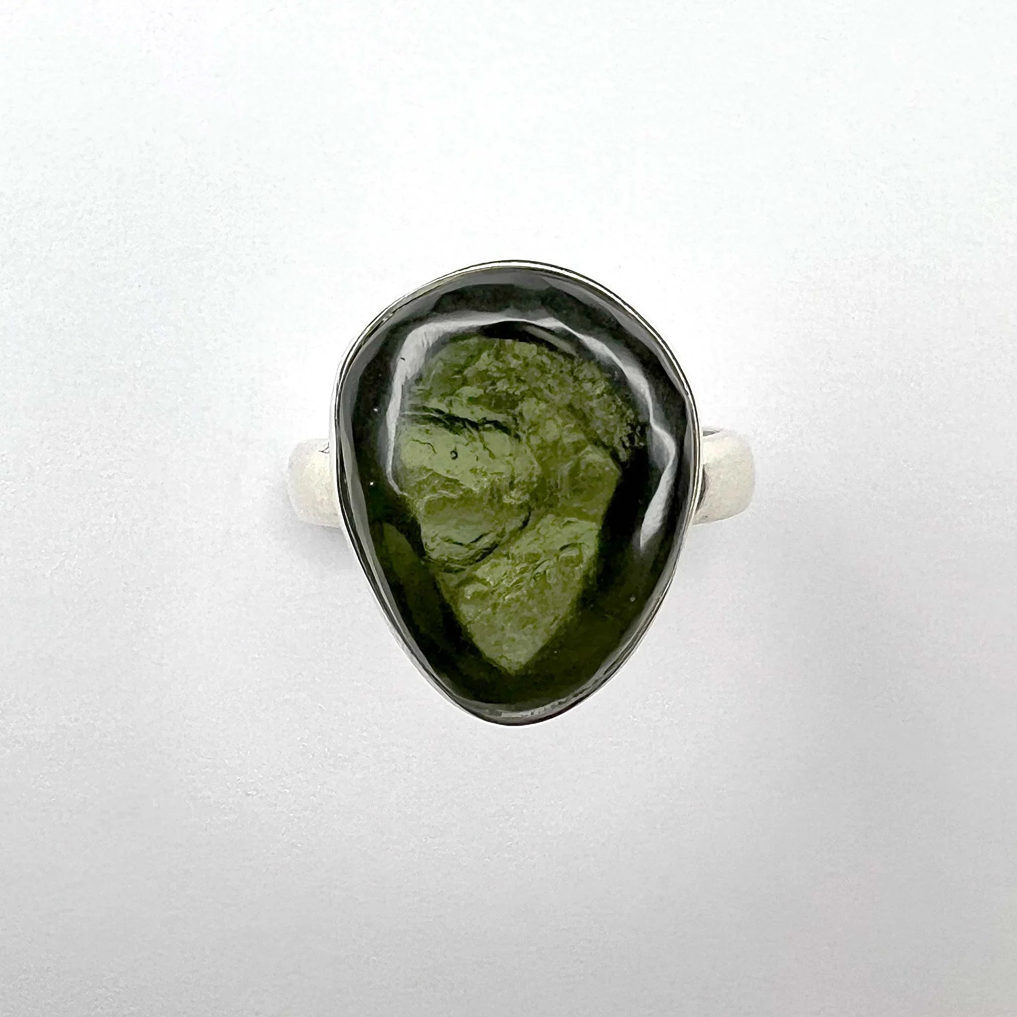 Moldavite Smooth Cabochon Ring front view