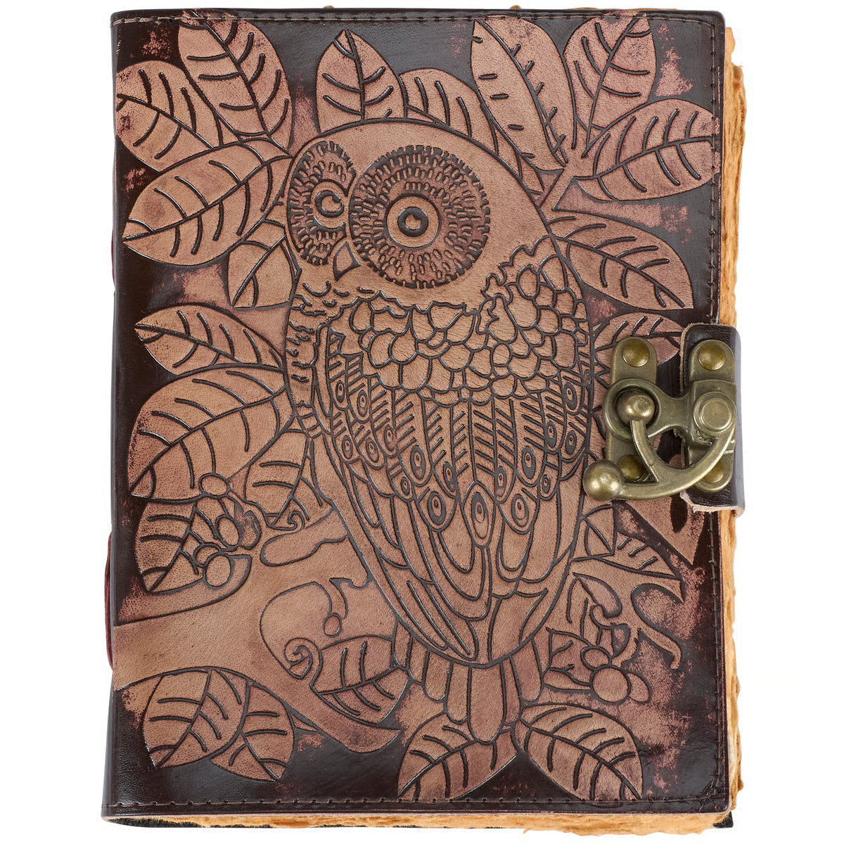 A brown leather journal featuring an embossed owl and leaf design, secured with a brass clasp on the right side, shown against a plain white background.