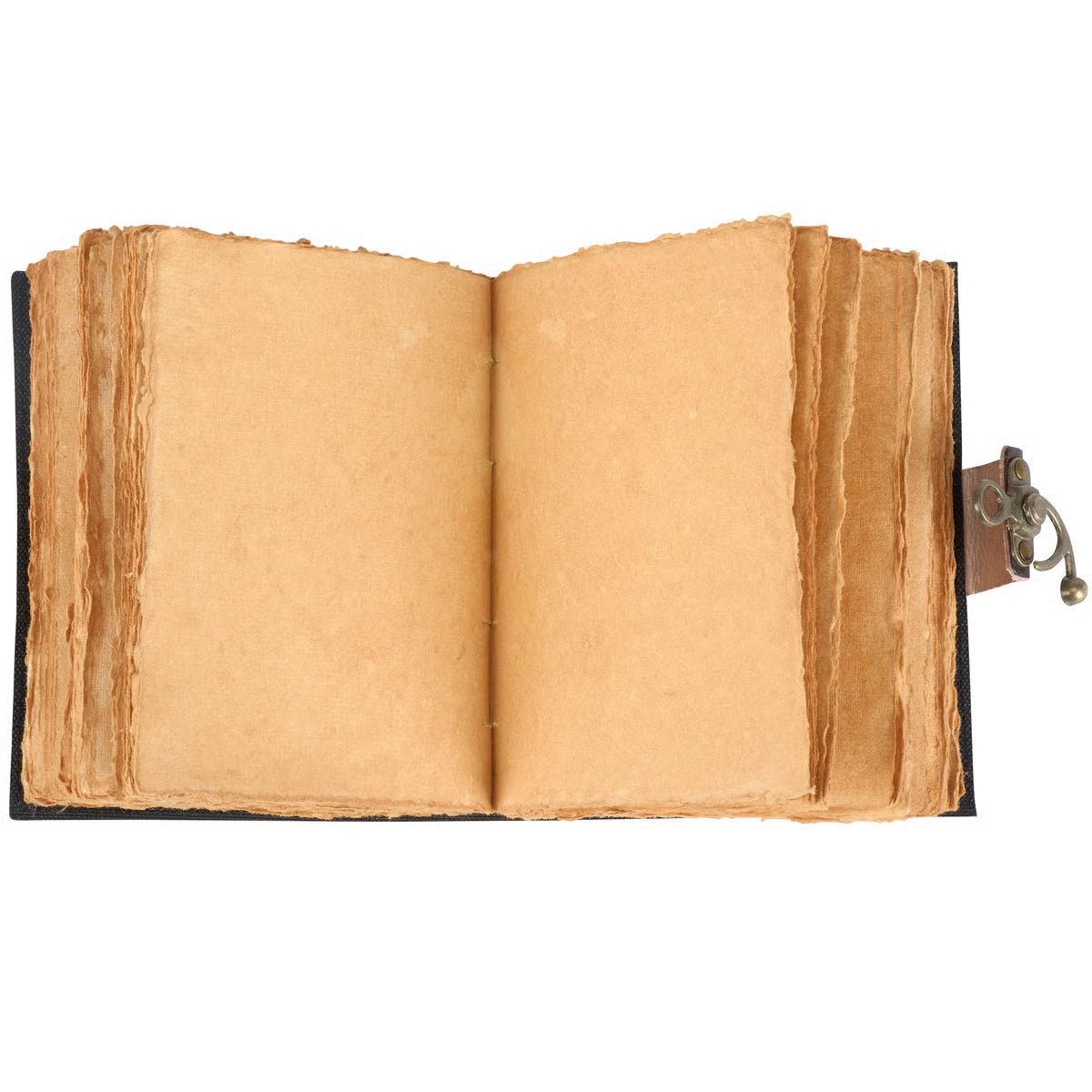 Open vintage book with worn pages on a white background