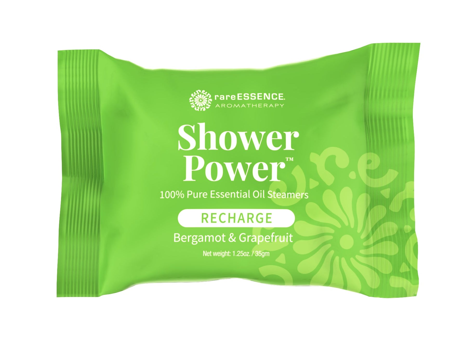 Green packaging of Shower Power essential oil steamers with branding on a white background