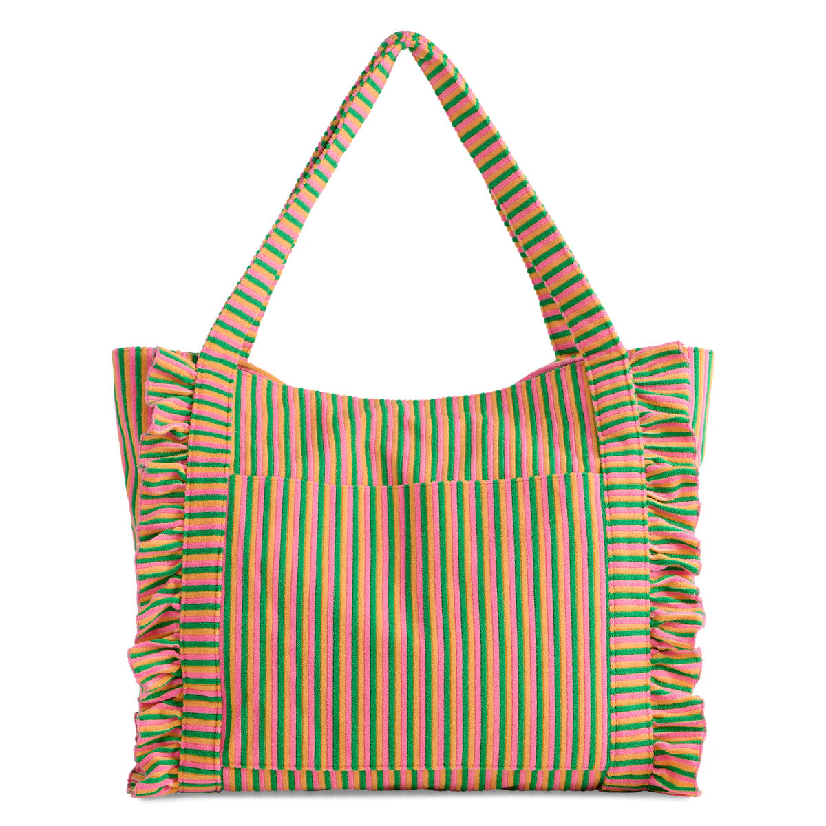 Striped bag with ruffles on a white background