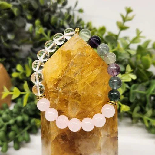 (Inner Peace) Clear Quartz, Rainbow Fluorite, and Rose Quartz Stretchable Bracelet 8mm On Citrine Point