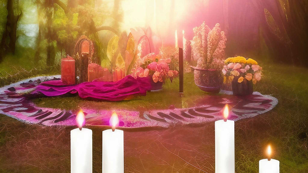 A spring equinox celebration with flowers and candles ourside on the grass
