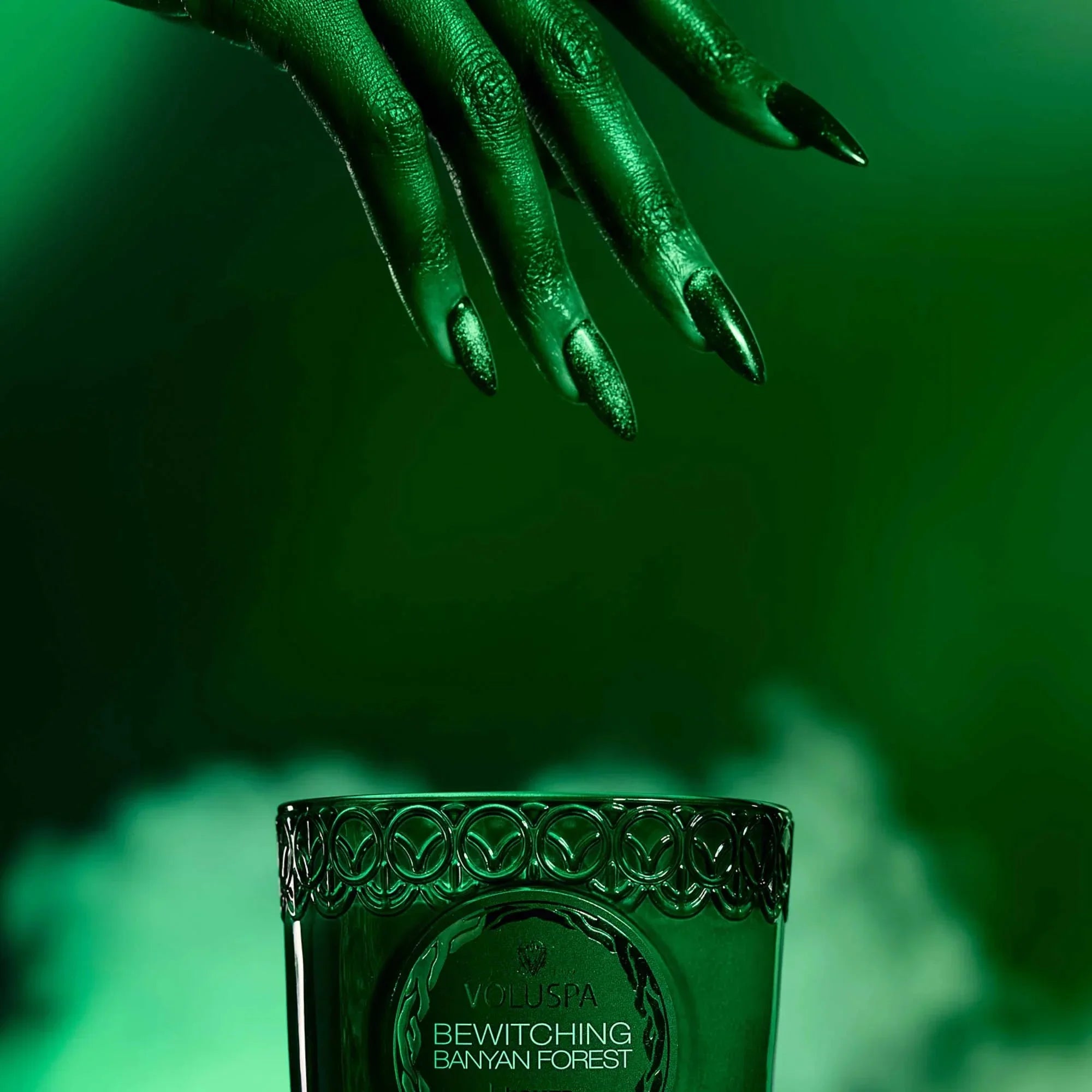 Bewitching Banyan Forest Boxed 8.5oz Candle (Wicked Collection) with a witch hand