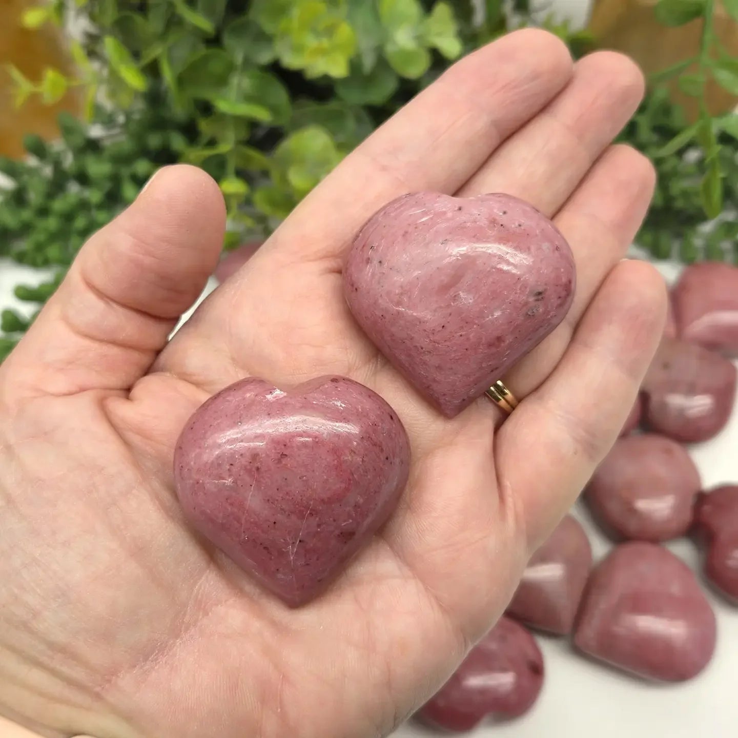 Pink Opal Hearts on Hand