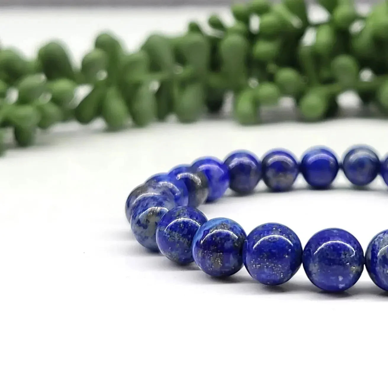Lapis 8mm Smooth Bead Stretch Bracelet Up Close Side View
