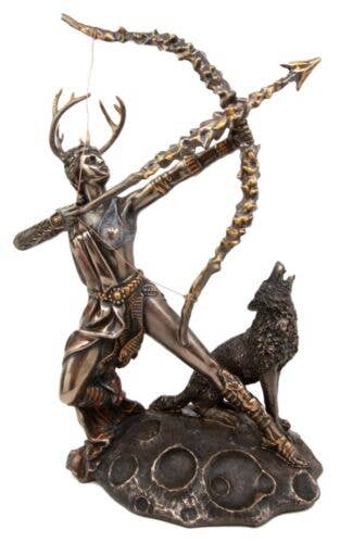Bronze statue of a archer with a bow and a wolf at his feet on a white background