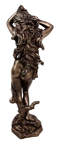 Bronze statue of a woman with flowing hair on a white background
