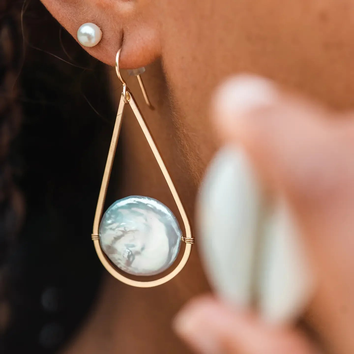 Mermaid's Dream Pearl Earrings on Model