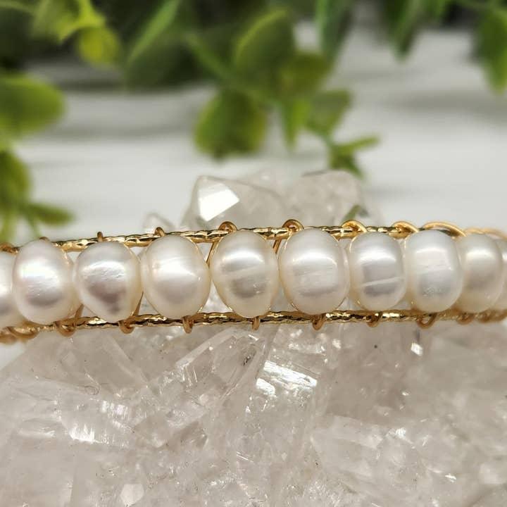 Pearls White Bangle Bracelet 18KT Yellow Gold Overlay Close Up