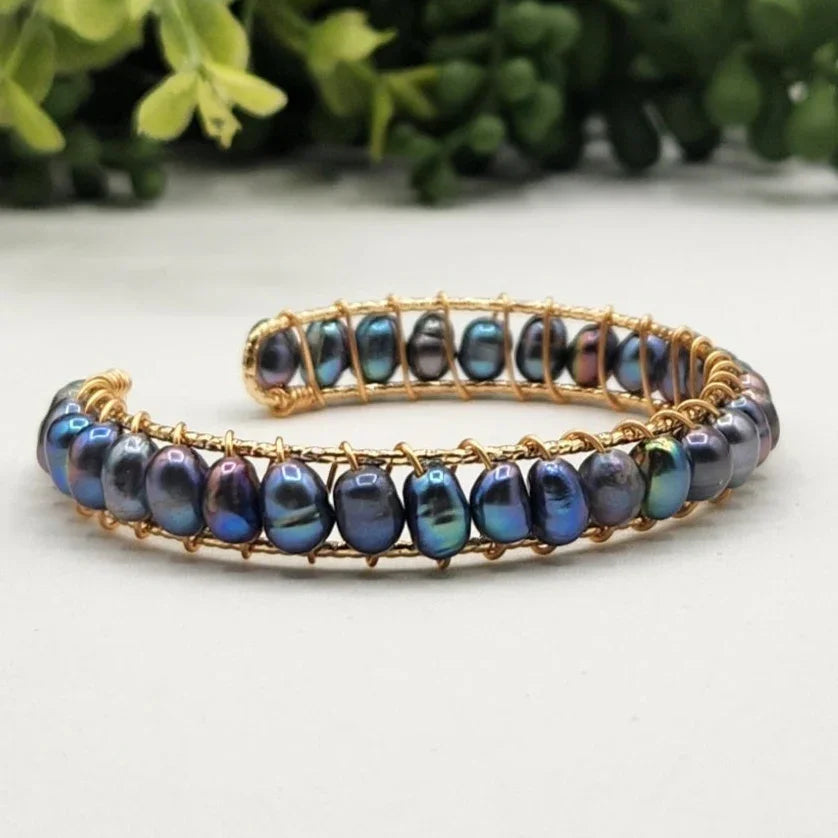 Pearls Peacock Blue Bangle Bracelet 18KT Yellow Gold Overlay Full View