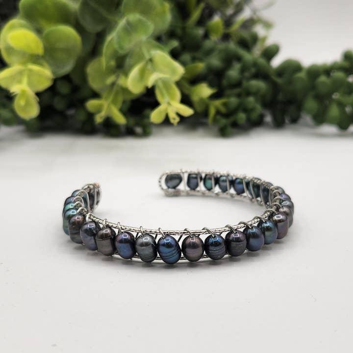 Pearls Peacock Blue Bangle Bracelet 18KT White Gold Overlay Full View