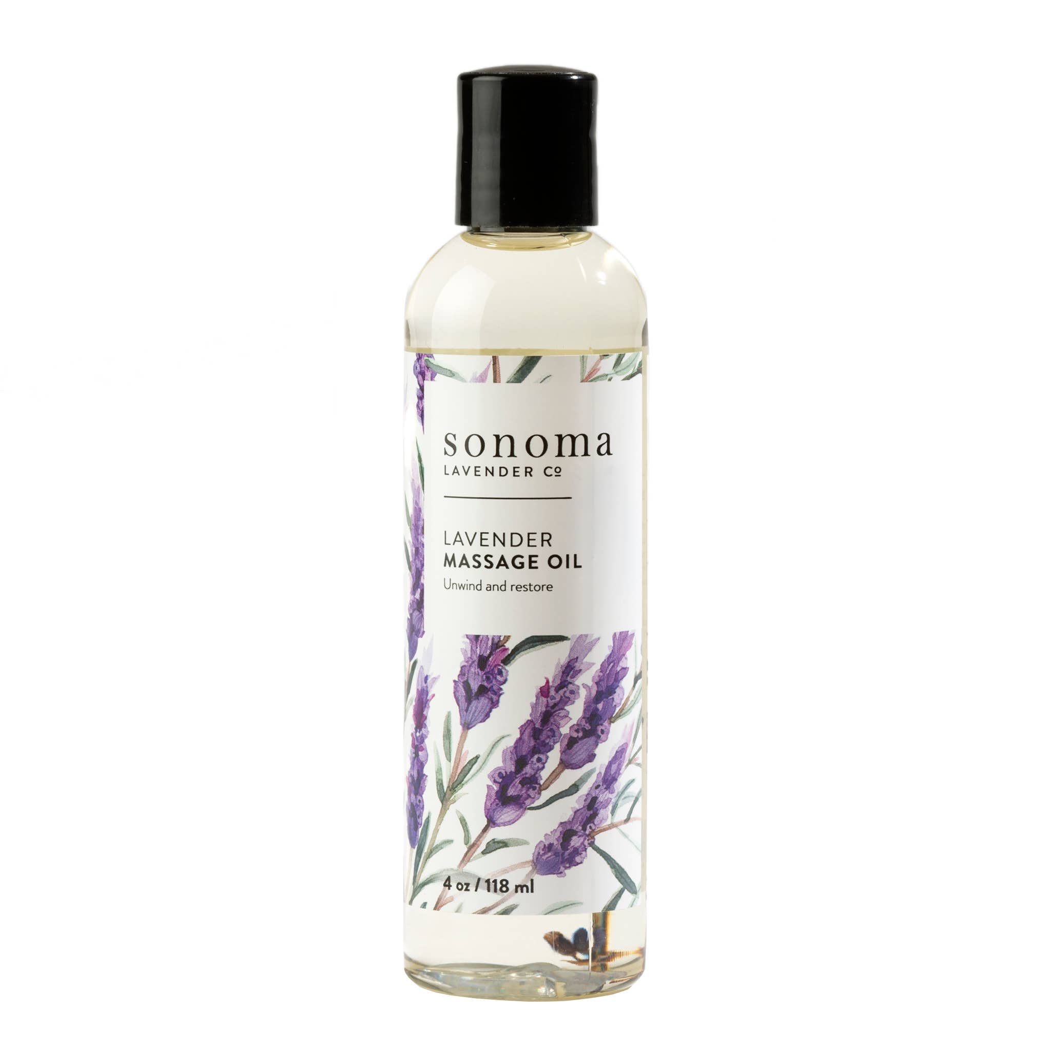 Bottle of Sonoma Lavender Co. lavender massage oil on a white background