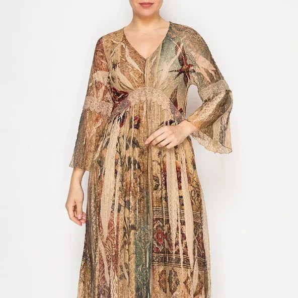 Vintage Bird Print Lined Long All Lace Dress front view