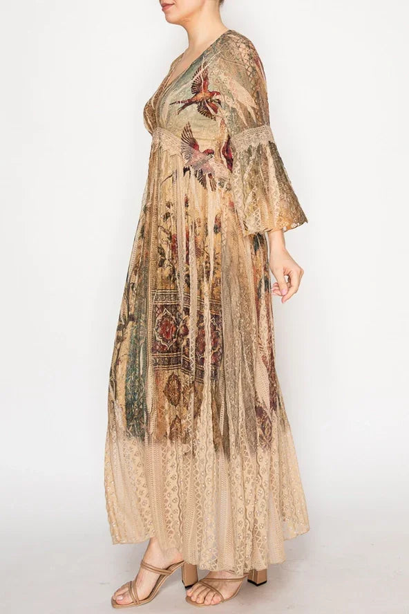 Vintage Bird Print Lined Long All Lace Dress Side View