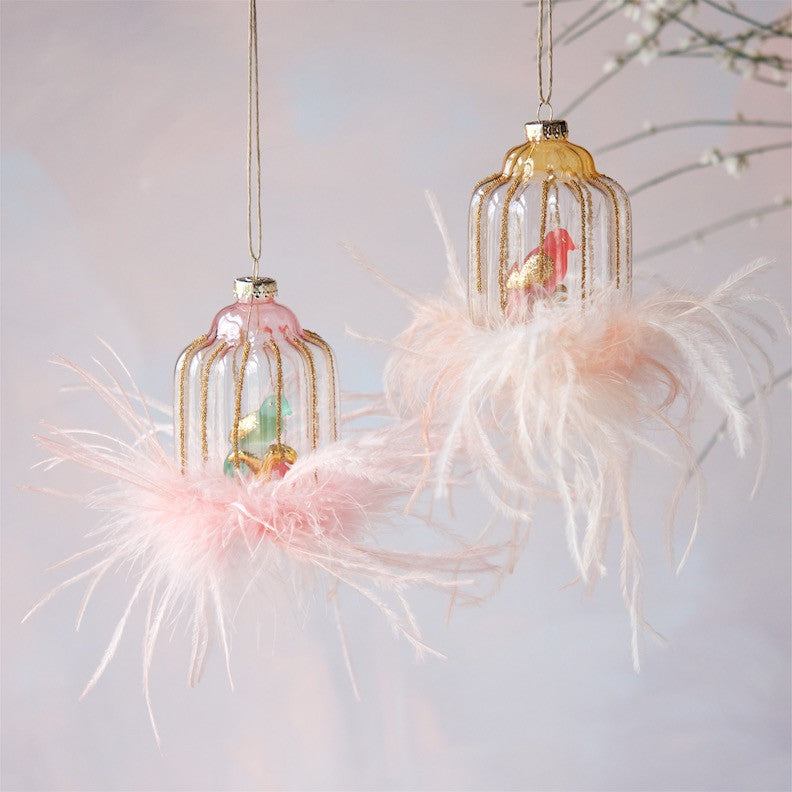 Birdcage Glass Ornament Marabou Trim