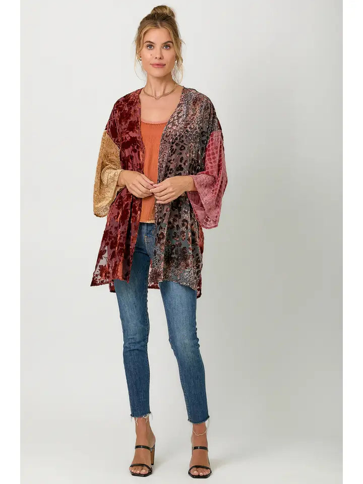 Burgundy Mixed Print Burn-Out Kimono whole body view