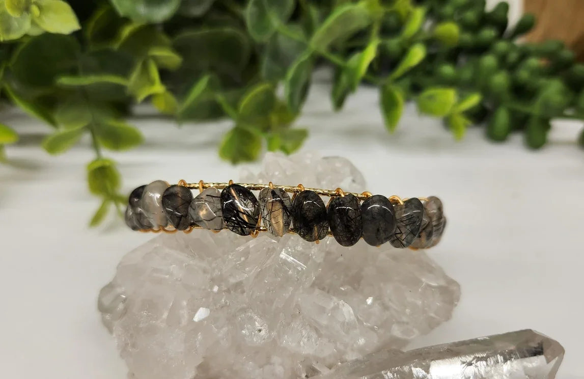 Quartz Rutilated Bangle Bracelet 18KT White Gold Overlay Styled Close View