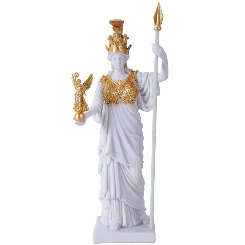 Statue of a classical Goddess Athena figure holding a gold object and a spear on a white background