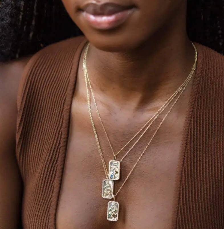 Capricorn Astrological Zodiac Tarot Card Necklace on Model