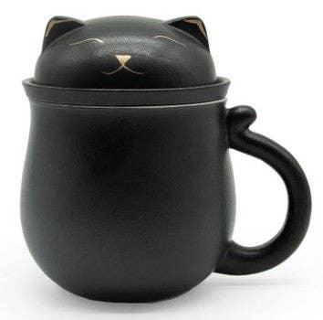 Lucky Cat Mug w/Strainer & Lid - Black