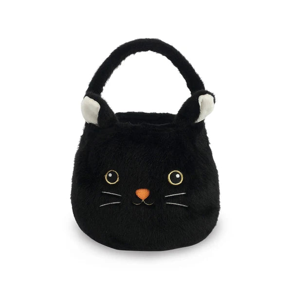 Black cat-shaped plush bag with white paws on a white background
