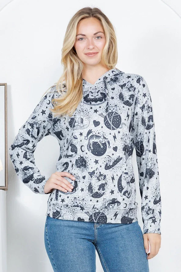 Light Grey Cat Print Hoodie front view lifestyle