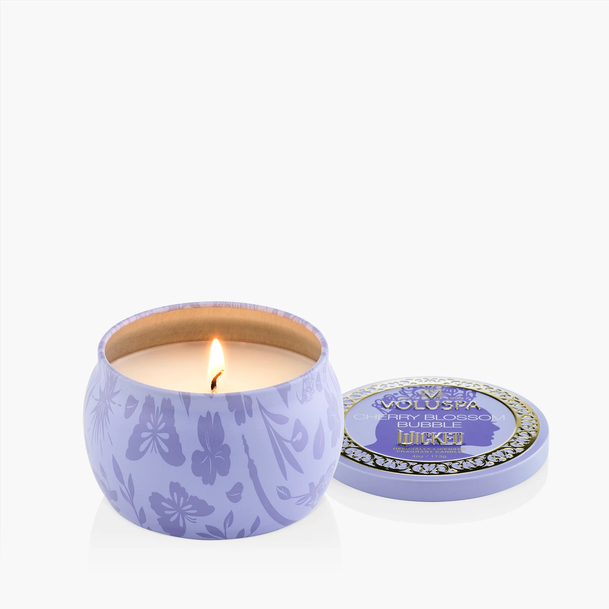 Wicked's Glinda Cherry Blossom Bubble Mini Tin Candle lit