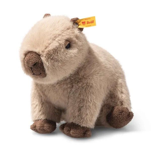 Chip Capybara Plushie Plush wombat toy with a Steiff tag on a white background