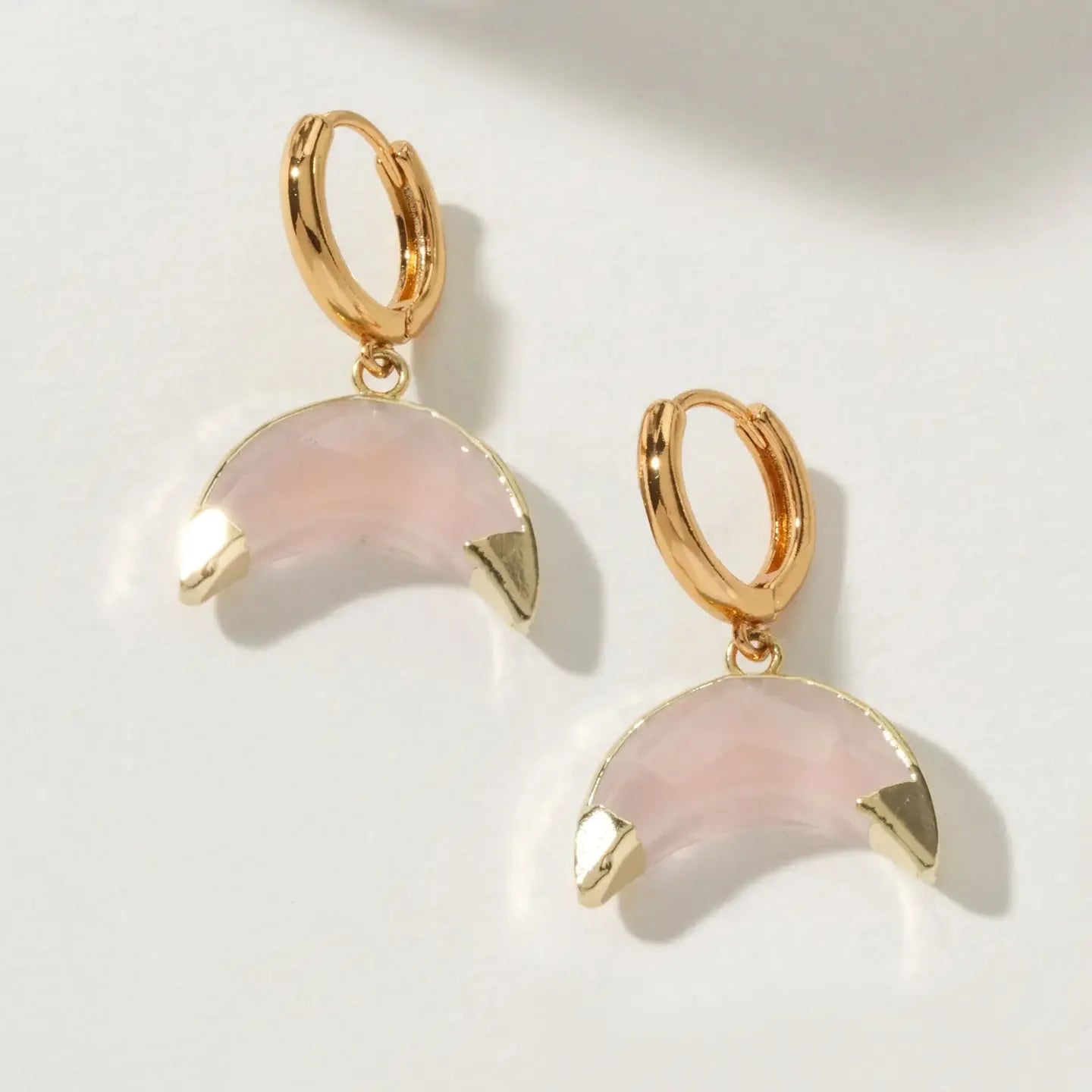 Rose Quartz Crescent Horn Huggie Hoop Earrings