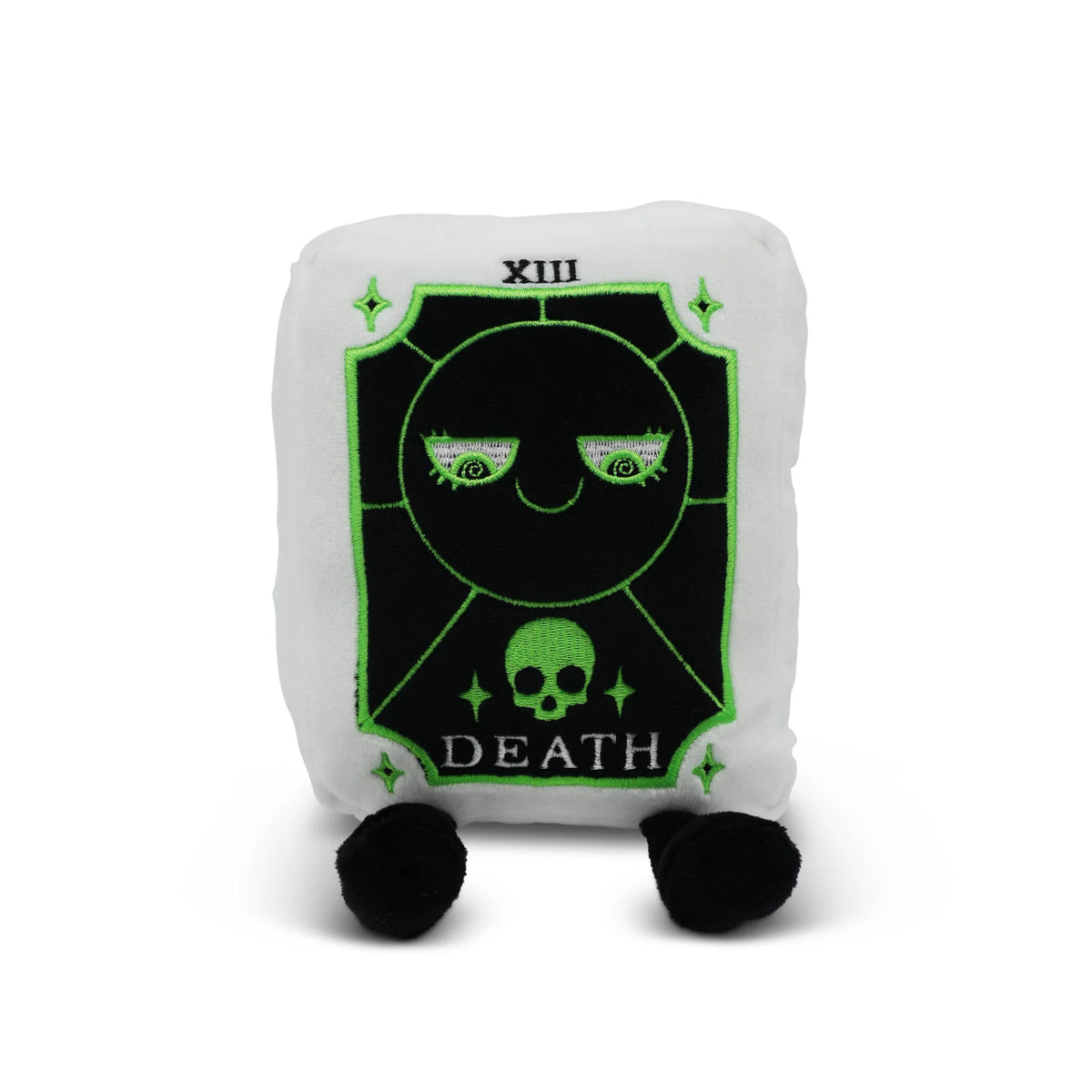 Plush toy with 'Death' card design on a white background