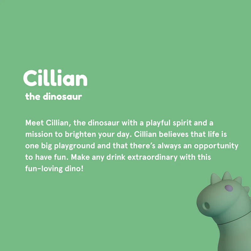 Promotional graphic for Cillian the dinosaur with text on a green background