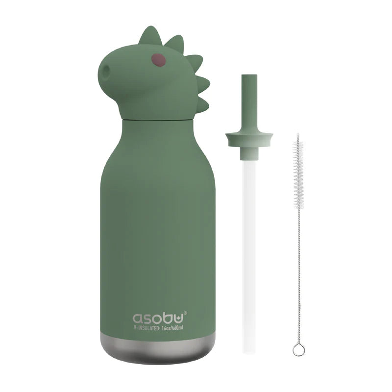 Green dinosaur-shaped water bottle with straw and cleaning brush on a white background