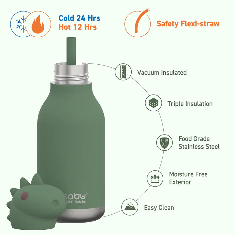 Green insulated bottle with flexi-straw and features listed on a white background